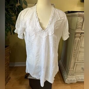 Johnny Was White Eyelet Lace Embroidered Boho Blouse Rayon Top Size M